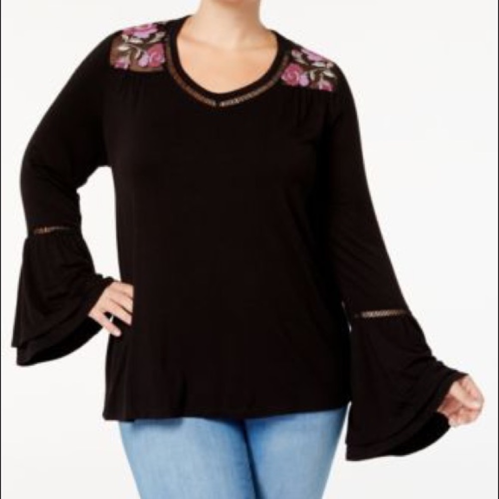Floral Embroidered Mesh Neckline with Bell Sleeves